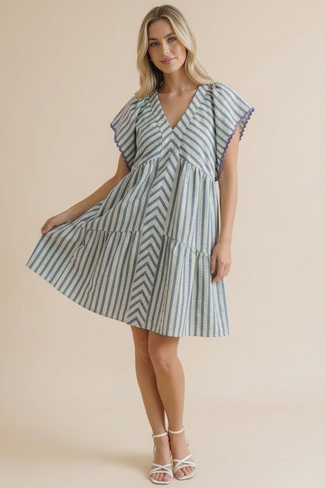 V-neck Drop Shoulder Tiered Midi Dress