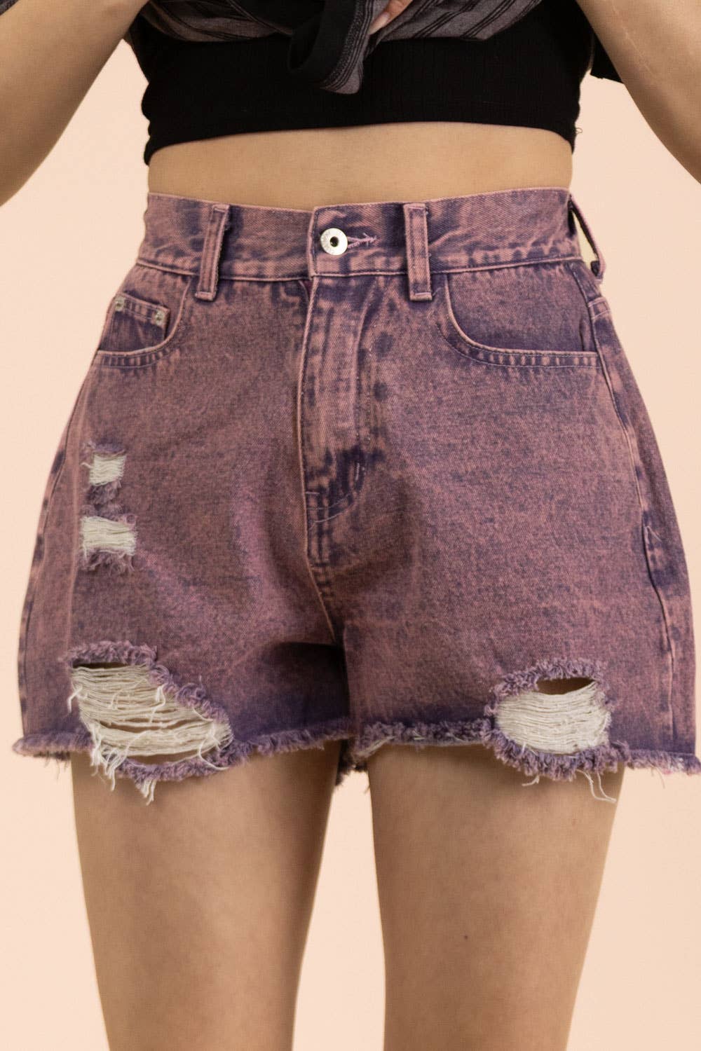 Mineral Washed Denim Distressed Shorts