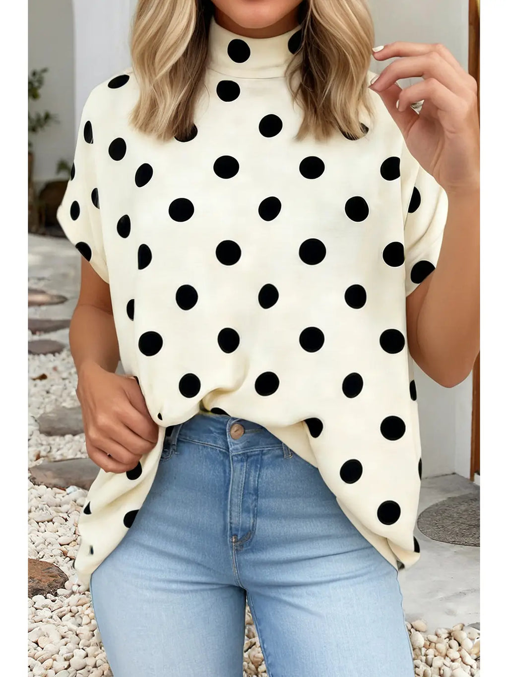 Polka Dot Print Mock Neck Dolman Top