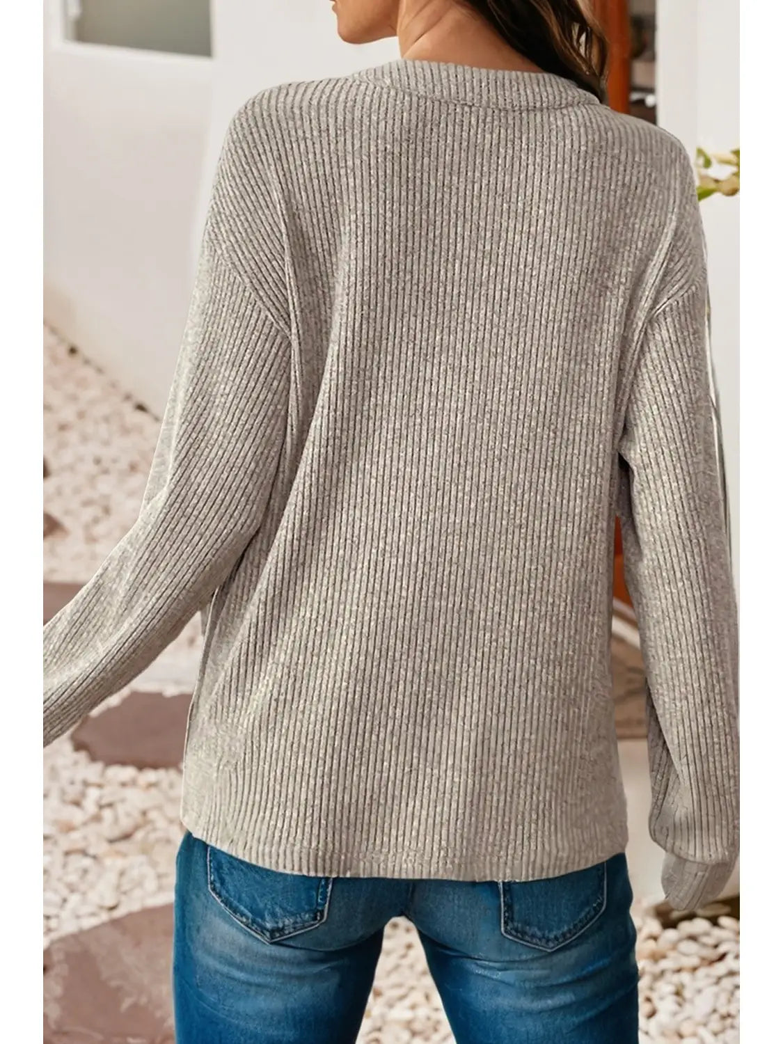 Ribbed Texture Drop Shoulder Henley Knit Top