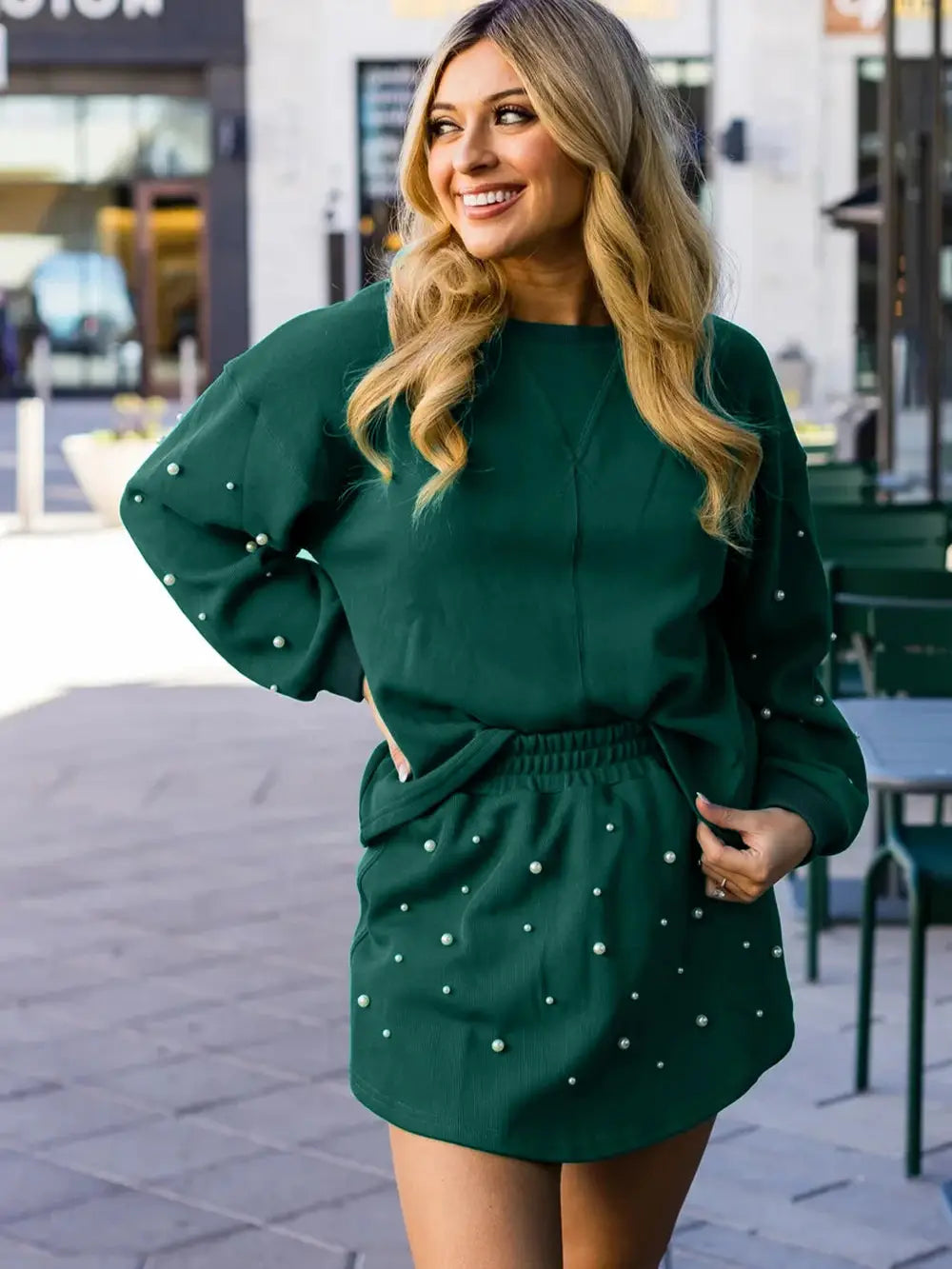 Dark Green Pearl Embellished Skort 2 Piece Set