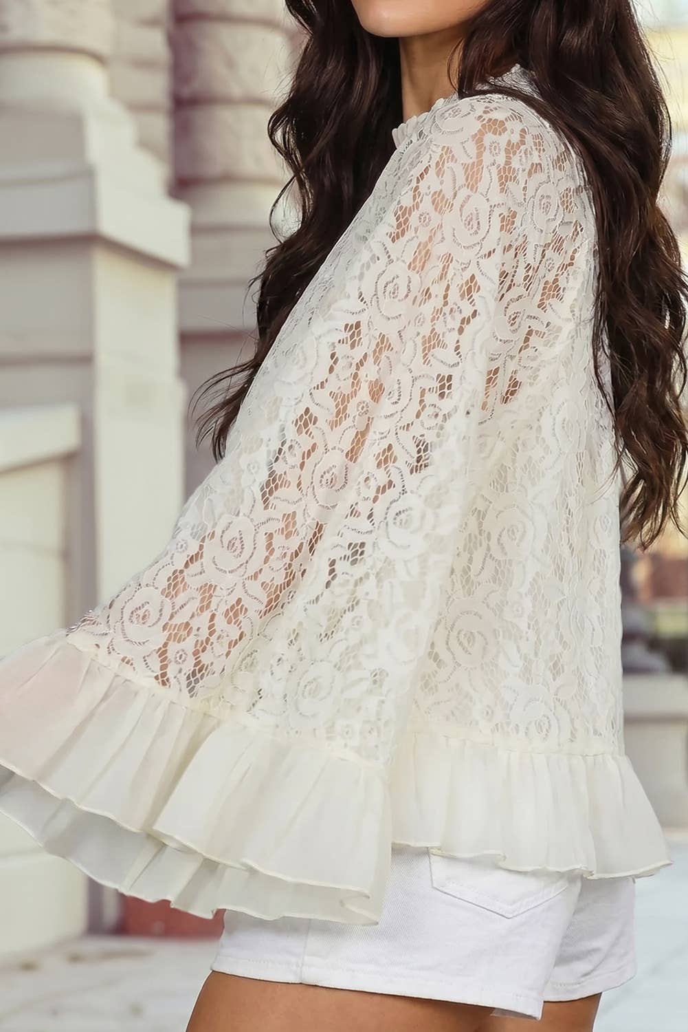 Sheer Lace Long Sleeve Ruffle Trim Loose Blouse