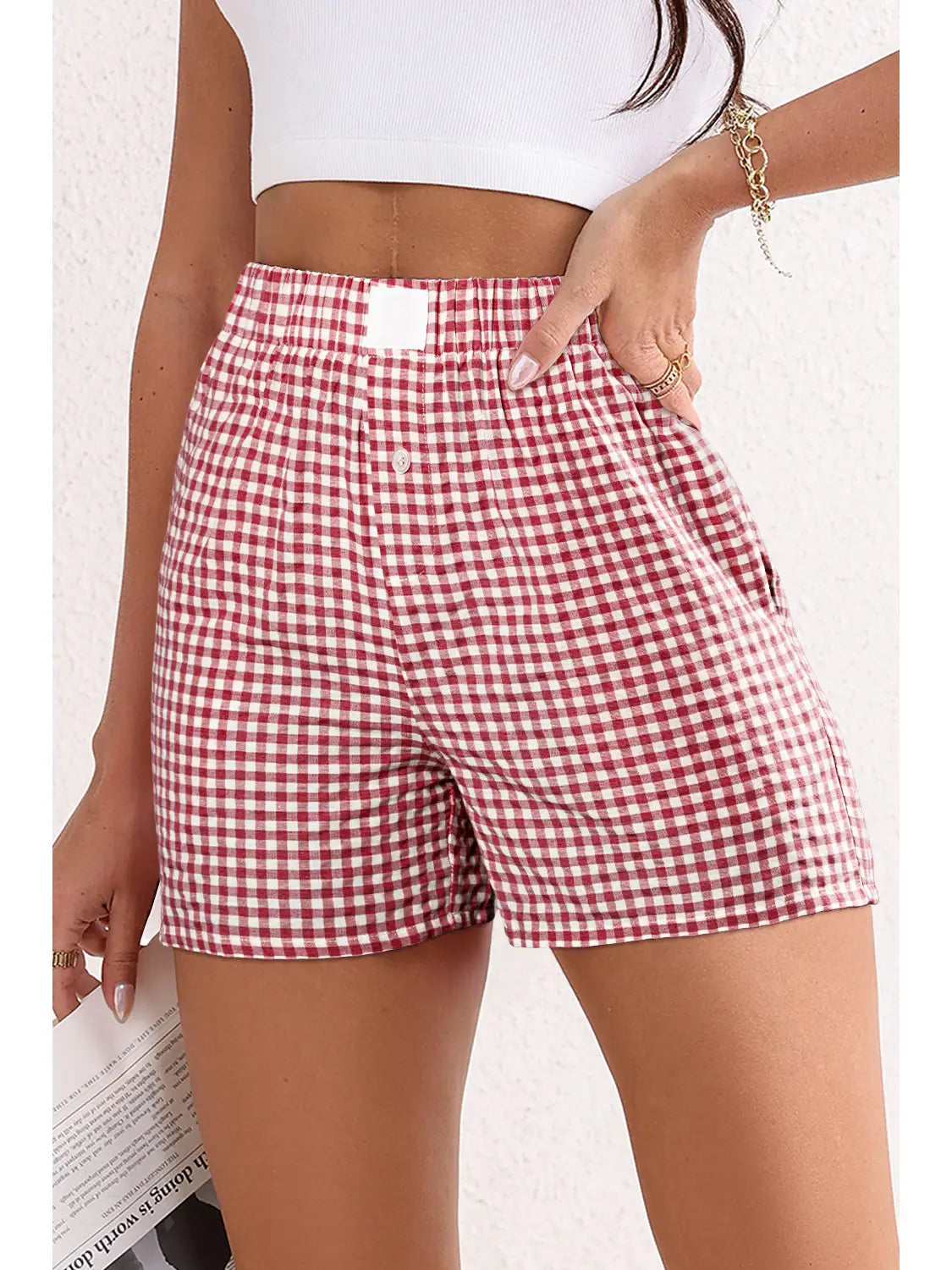 Stripe Plaid Red High Waist Gingham Shorts