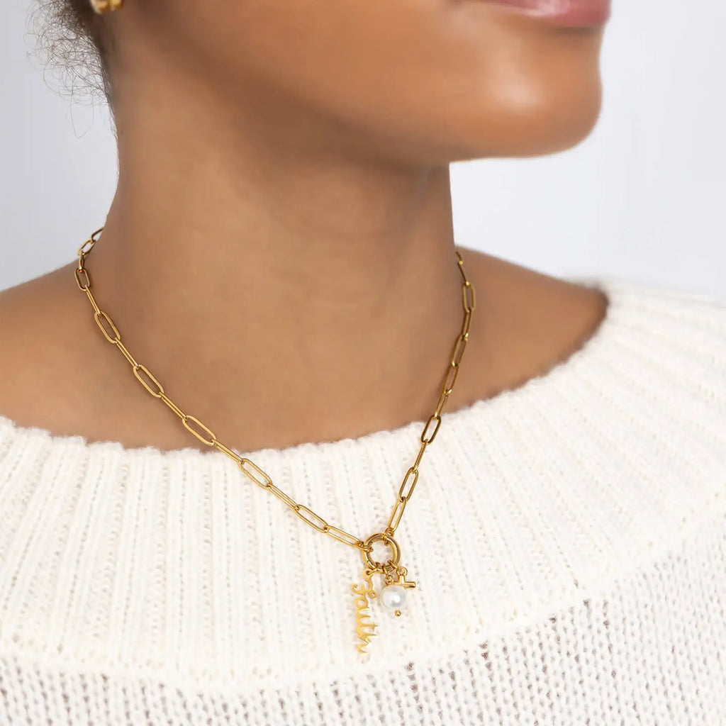 Gold Stainless Steel Faith Charm Holder Necklace Gift Set