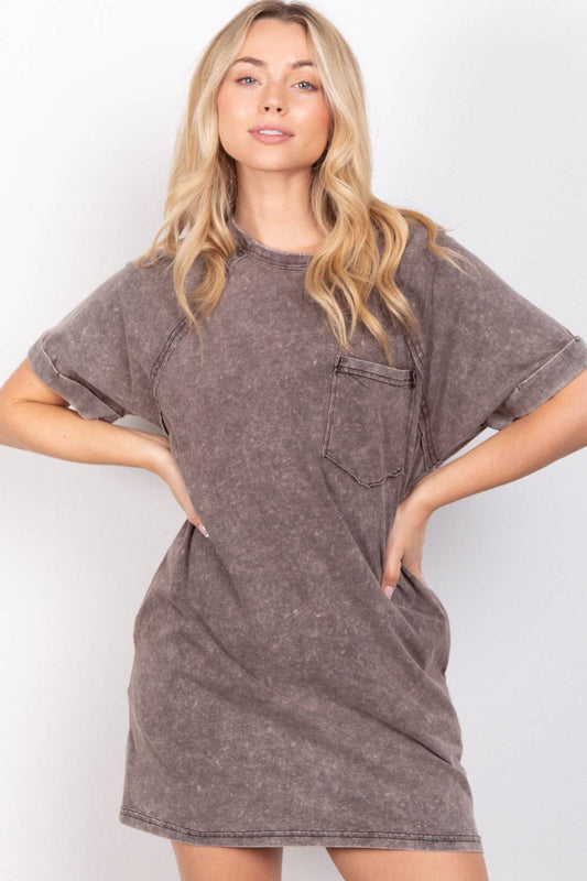 Oversized Washed Knit Mini Dress- Charcoal