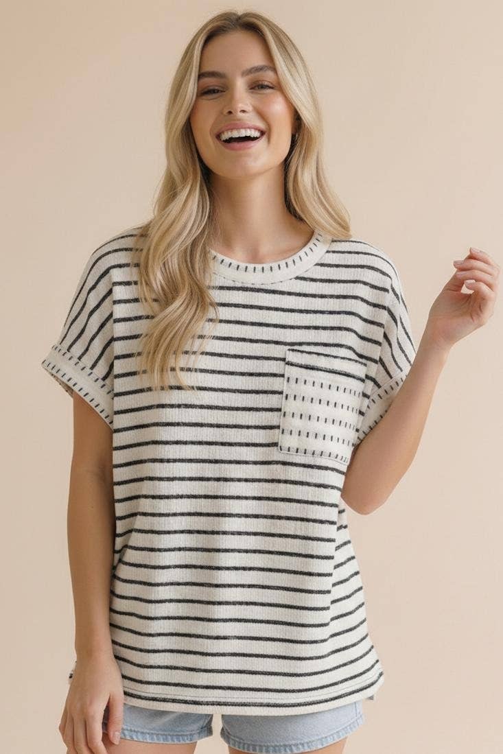 Round Neck Oversized Stripe Knit With Pocket