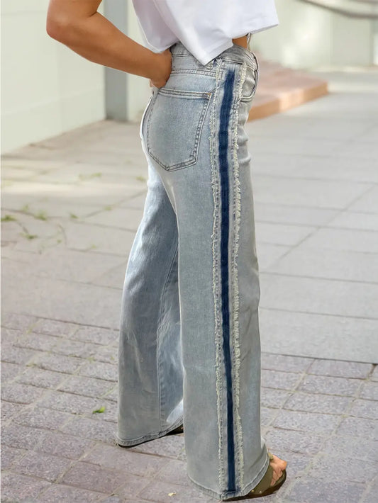 Contrast Stripe Frayed Side Panel Patchwork Shift Jeans
