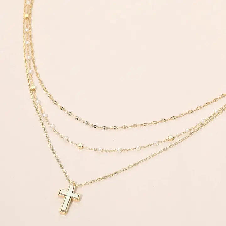 Cross Pendant Pearl Layered Chain