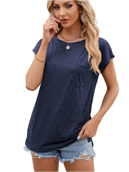 Short Cap Sleeve Shirts Solid Loose Fit Top