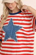 4th of July Red stripe tee with denim star patch