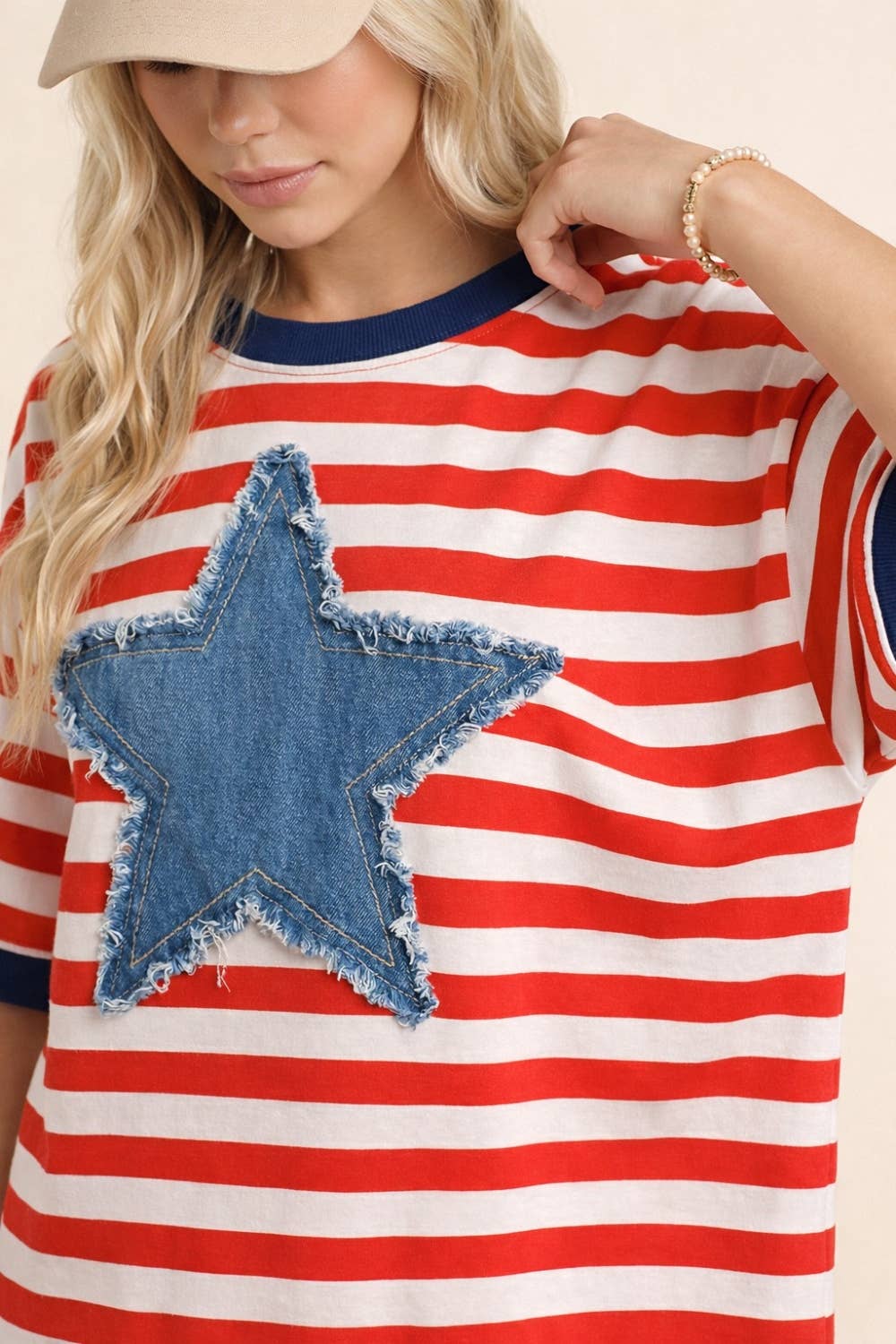 4th of July Red stripe tee with denim star patch
