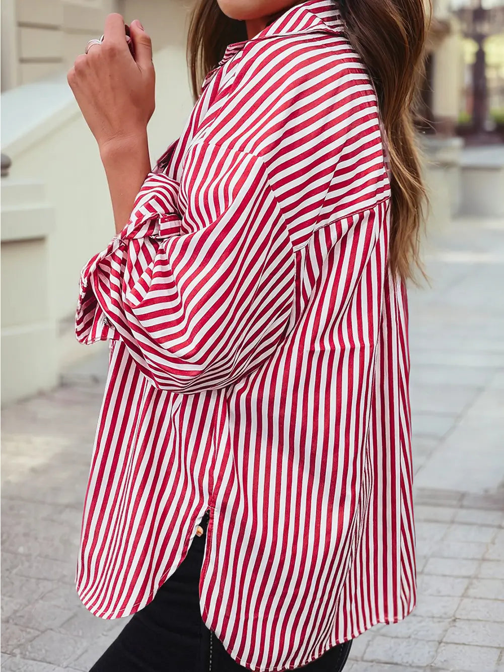 Stripe Red Pocket Side Slit Loose Button Up