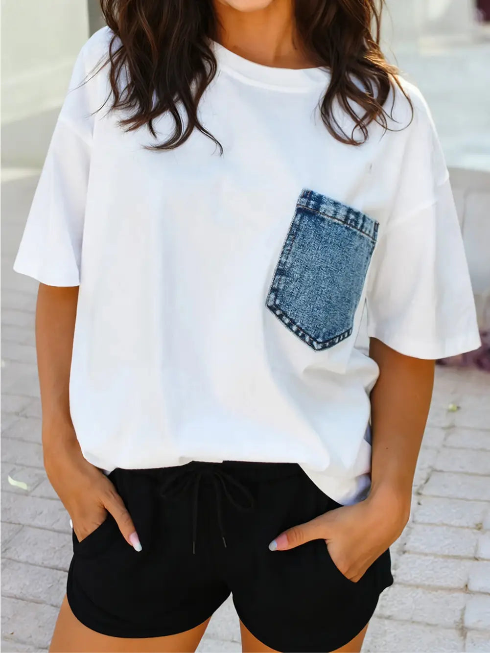 Denim Chest Pocket Patched Casual Short Sleeve Top