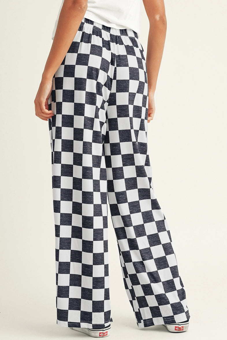 2-Tone Checked Print High Waist Wide Leg Pants