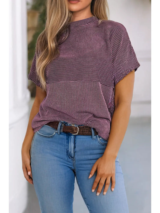 Plain Corded Knit Mock Neck T-Shirt -Toadstool Colored