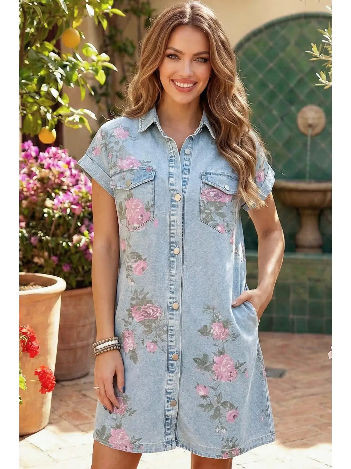 Floral Print Cuffed Short Sleeve Button Down Shift Dress