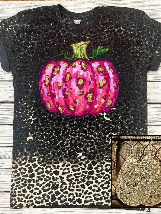 Bleached Pink Leopard Pumpkin Fall Tee