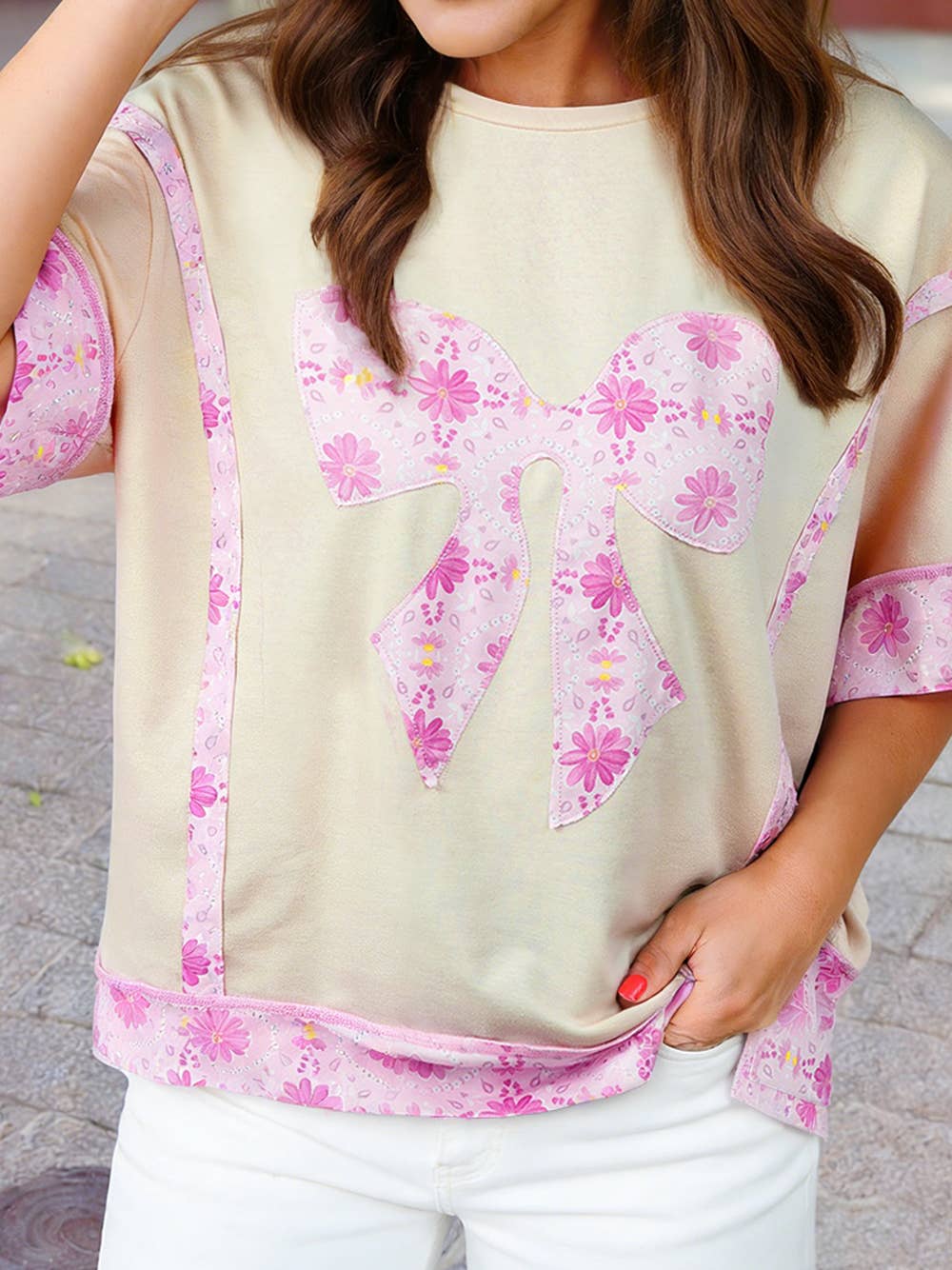 Bow Floral Print Short-Sleeve Blouse Casual Top