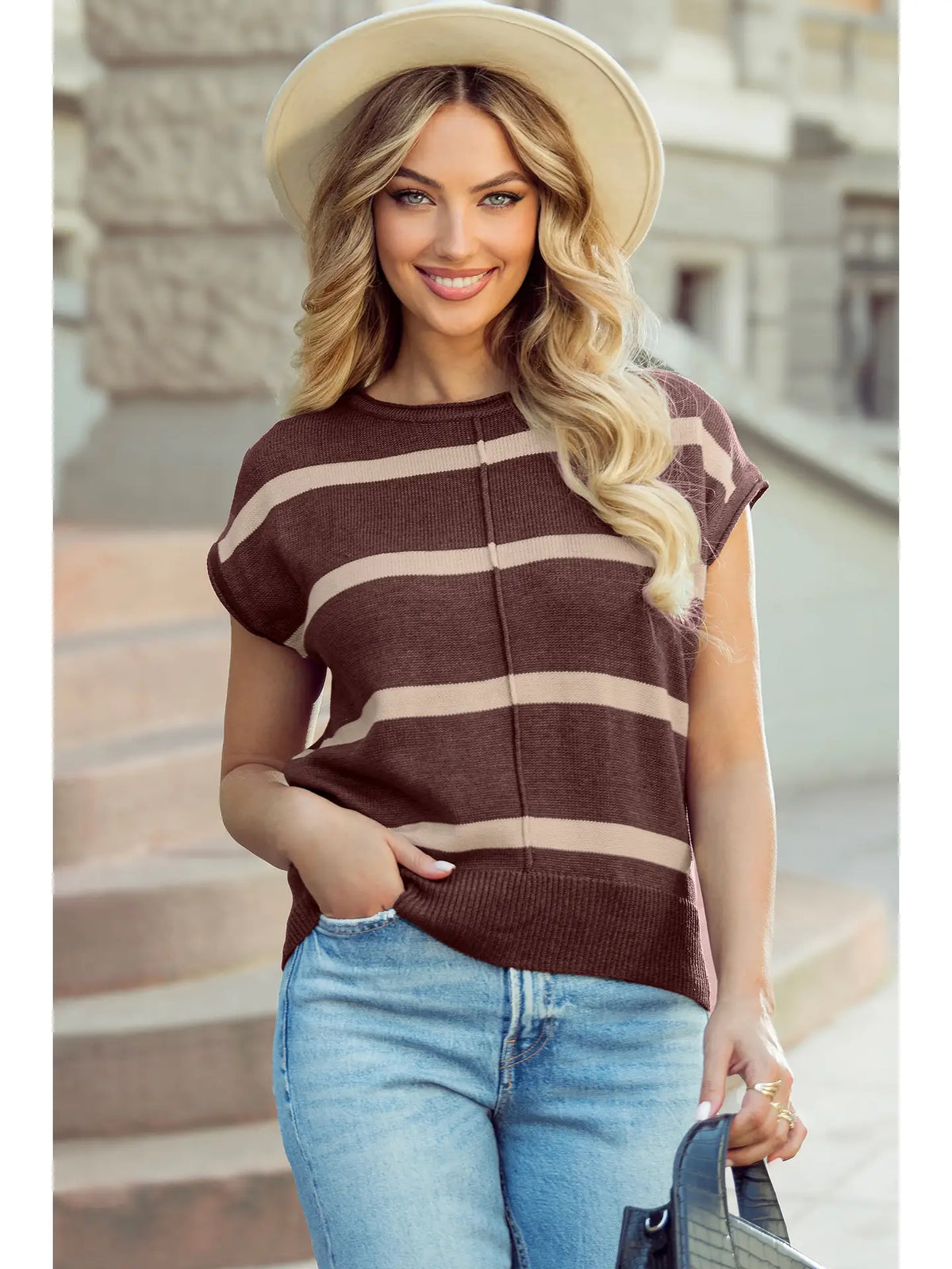 Brown Striped Short Sleeve Knit Western Sweater