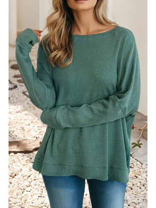 Exposed Seam Waffle Knit Long Sleeve Loose Top
