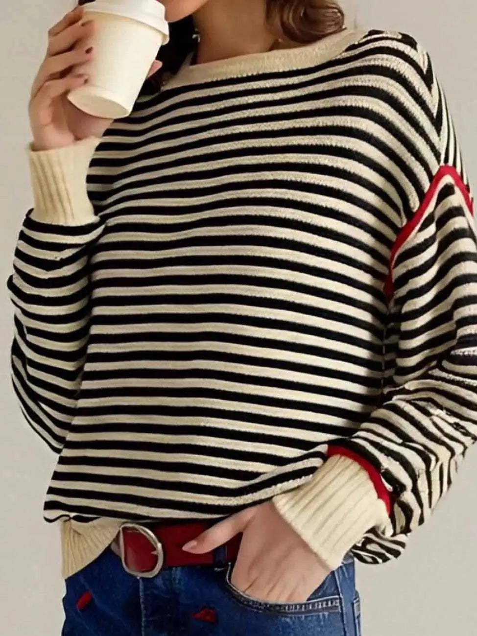 Striped Round Neck Dropped Shoulder Apricot Knit Sweater