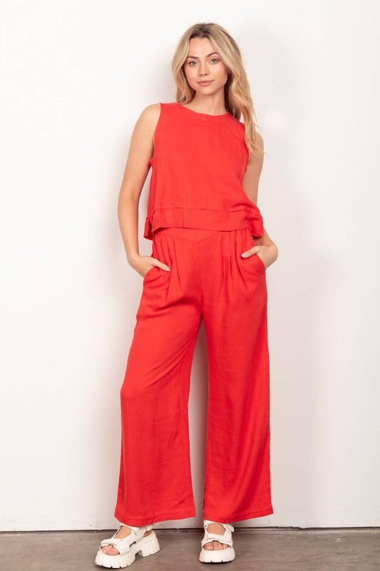 Solid Woven Linen Sleeveless Top & Pants Set - TOMATO