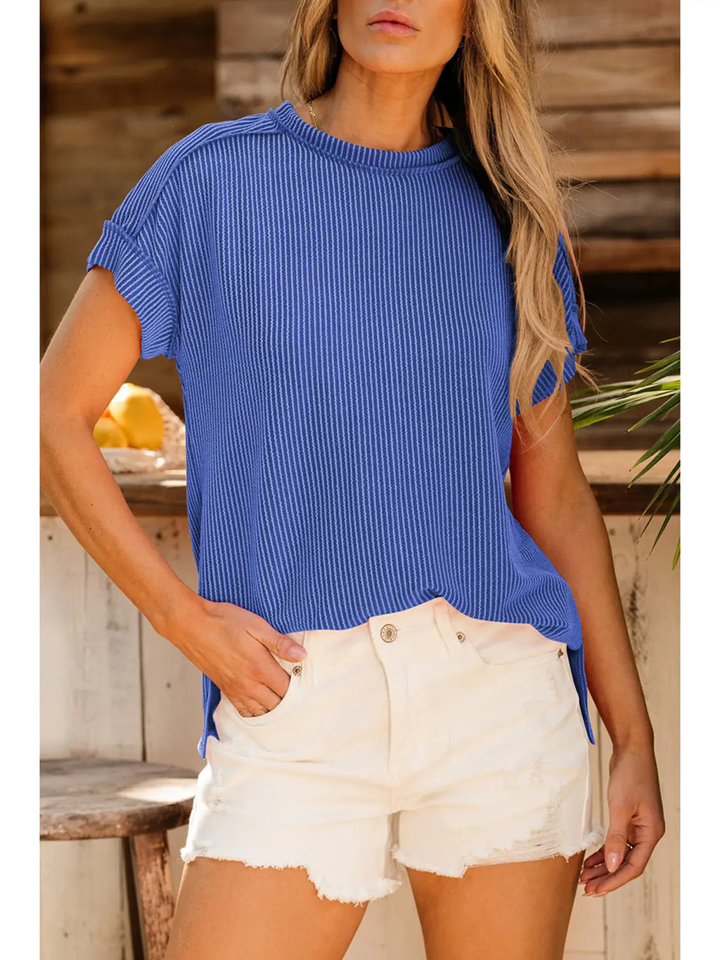 Textured Knit Exposed Stitching Corded Blue Shirt