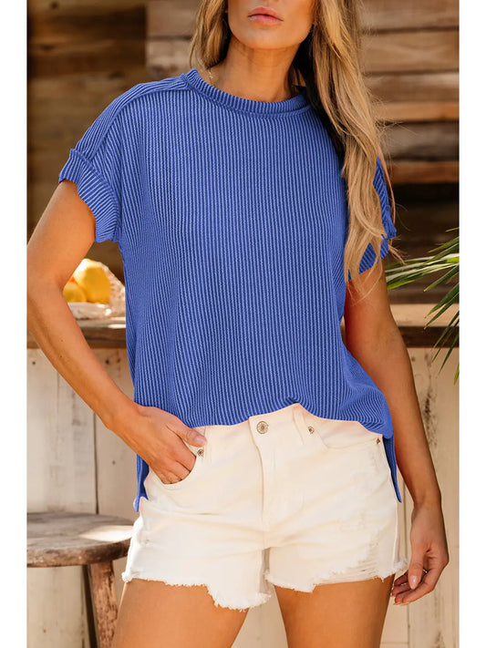 Textured Knit Exposed Stitching Corded Blue Shirt