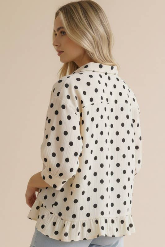 Collared Button Down Peplum Polka Dot Print