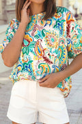 Boho Paisley Floral Printed Puff Sleeve Blouse