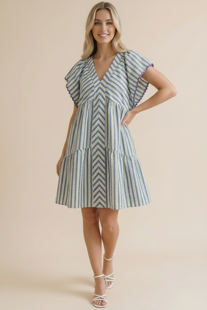 V-neck Drop Shoulder Tiered Midi Dress