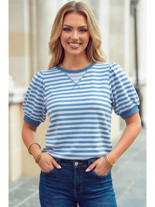 Sky Blue Stripe Short Bubble Sleeve Top