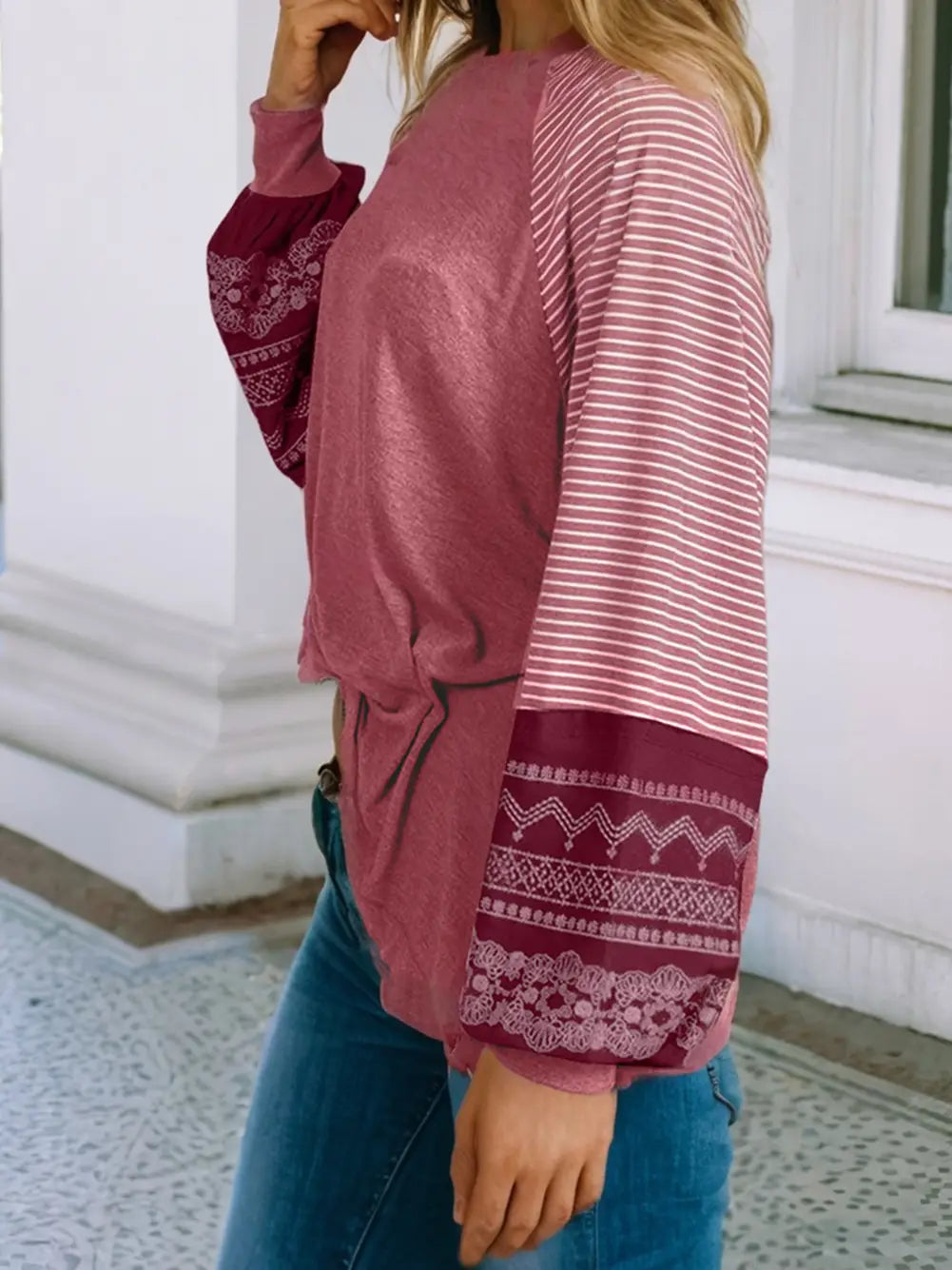 Contrast Print Striped Raglan Long Sleeve Loose Top