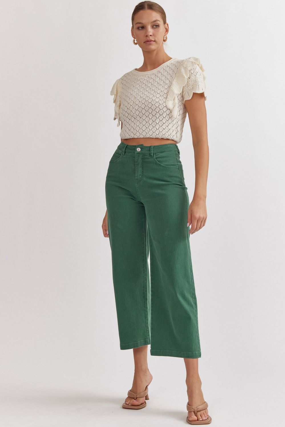 Acid Wash High Waisted Wide Leg Pants - GREEN