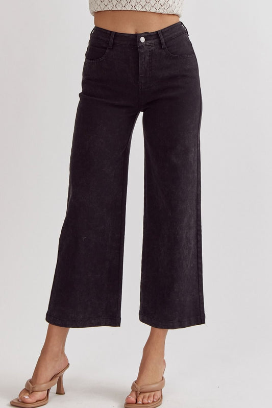 Acid Wash High Wasted Wide Leg Pants - BLACK