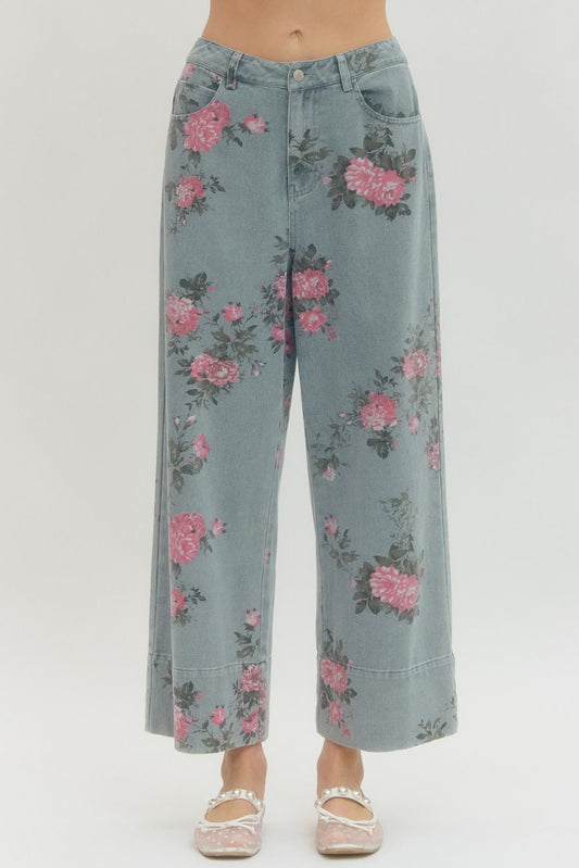 Floral Print Denim Pants