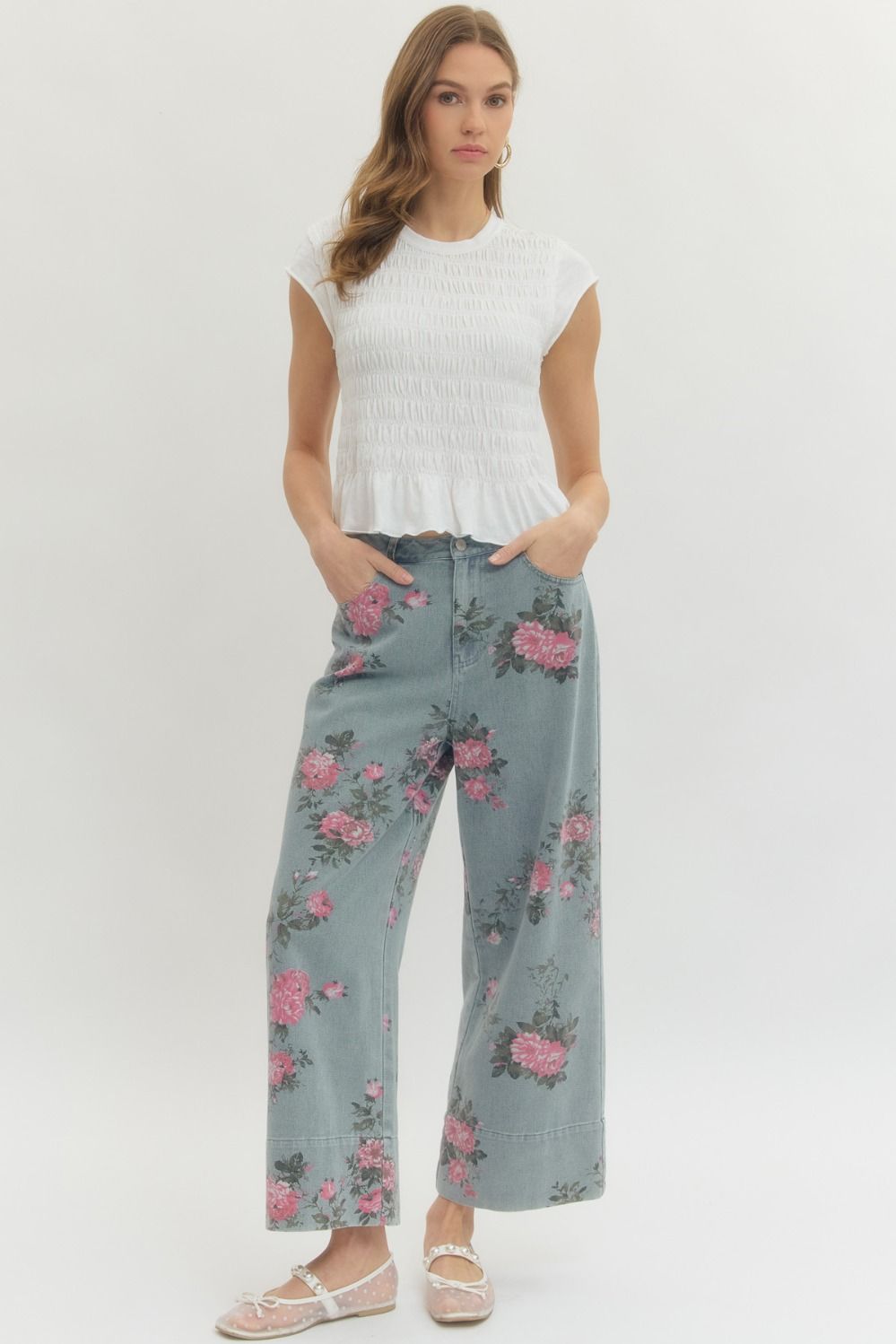 Floral Print Denim Pants