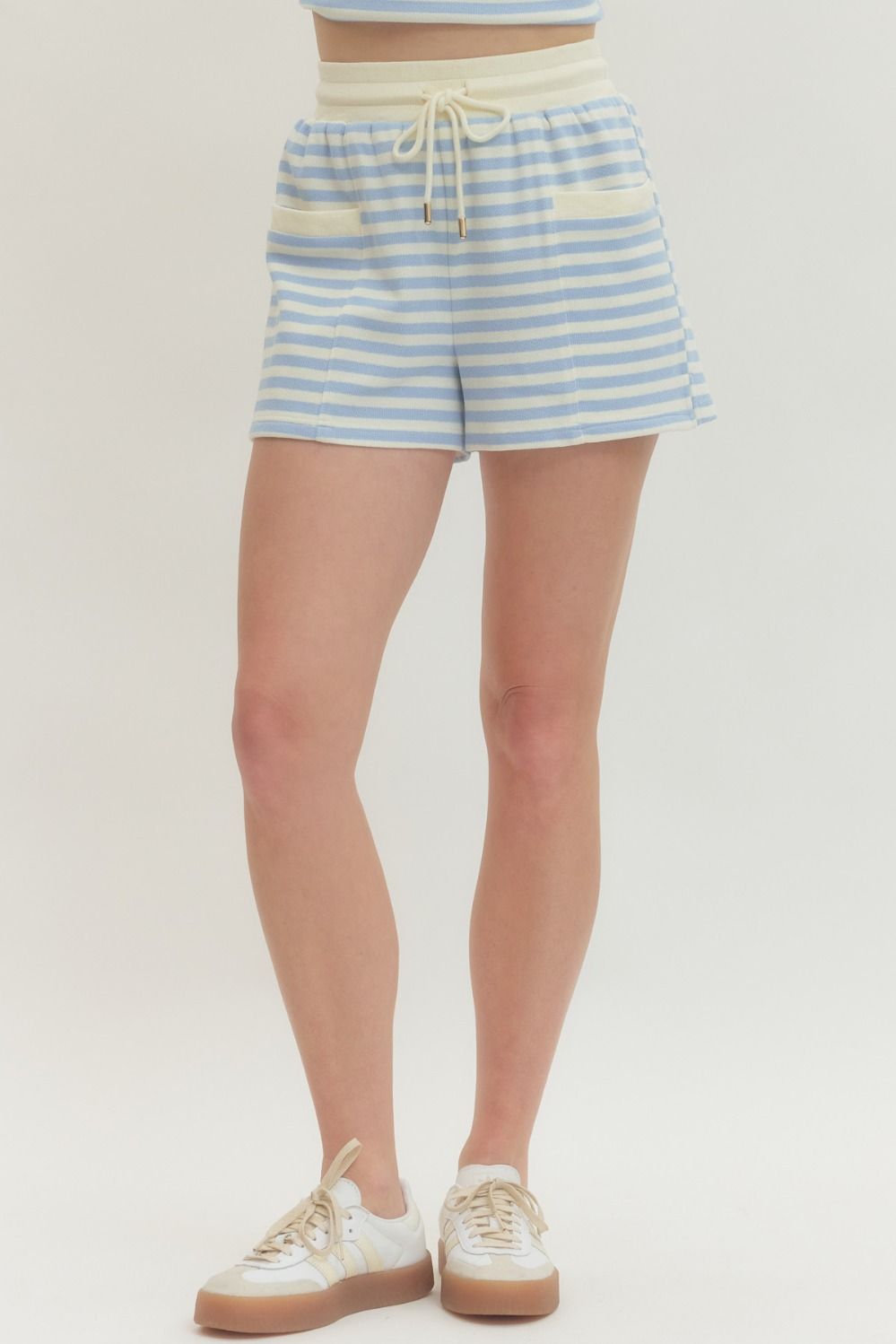 Striped Light Blue Knit Drawstring Shorts