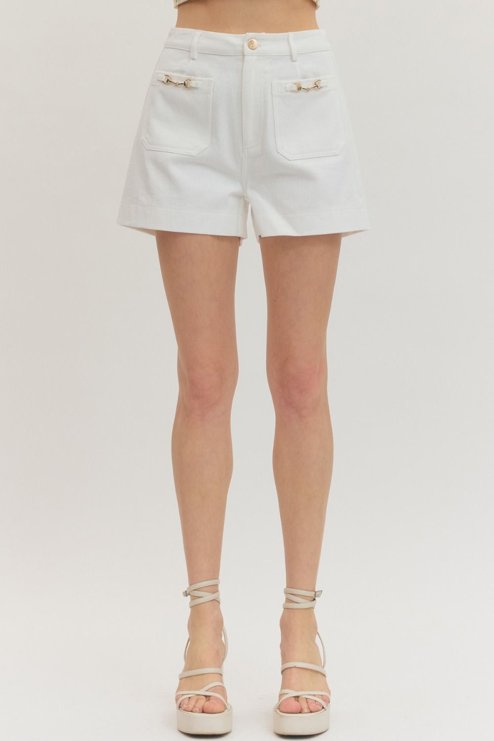 White High Waisted Front Patch Pocket Shorts