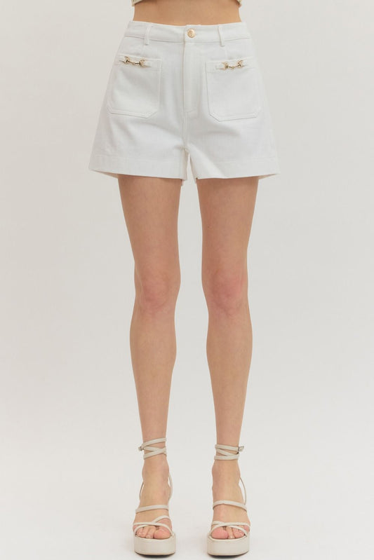 White High Waisted Front Patch Pocket Shorts