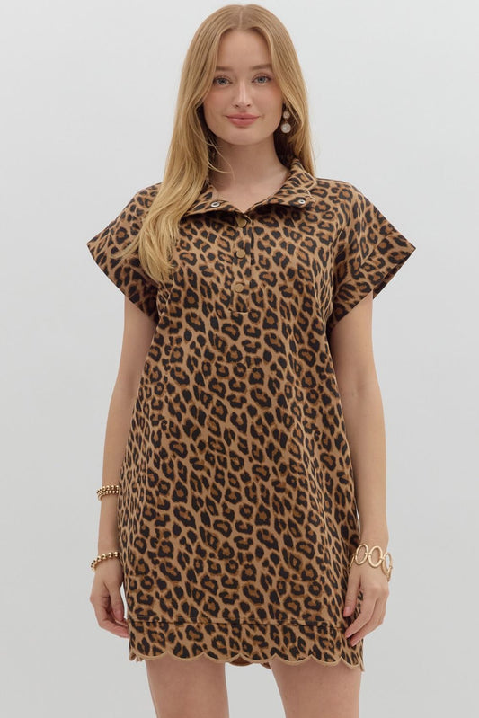 Leopard Print Cuff Band Scalloped Hem Mini Dress