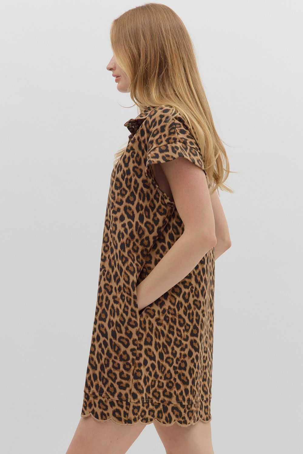Leopard Print Cuff Band Scalloped Hem Mini Dress