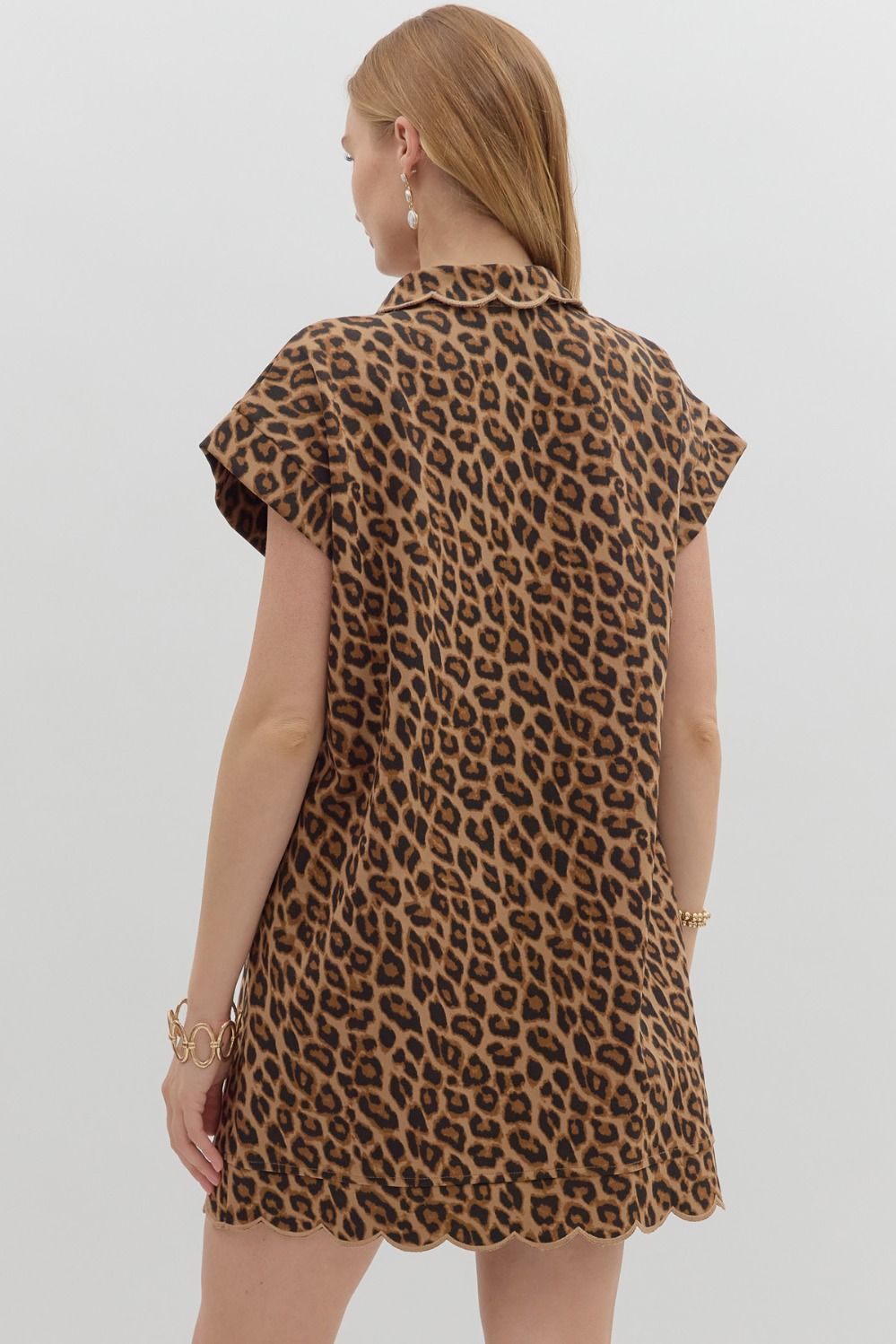 Leopard Print Cuff Band Scalloped Hem Mini Dress