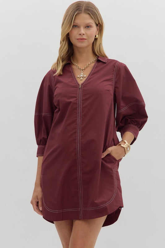 Solid Burgundy Lantern Sleeve Mini Dress