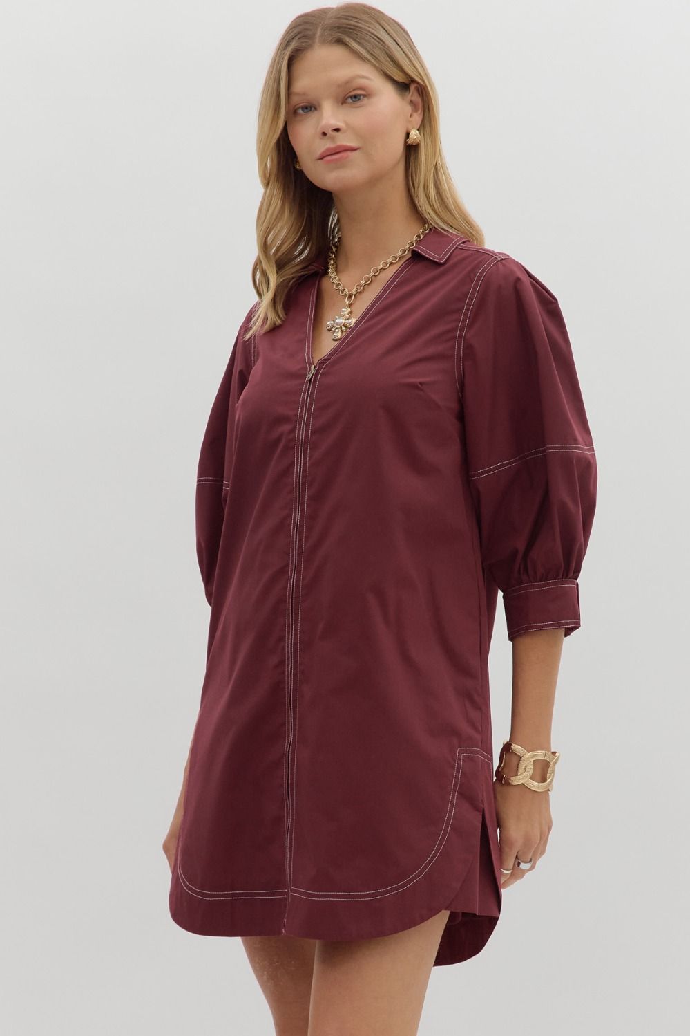 Solid Burgundy Lantern Sleeve Mini Dress