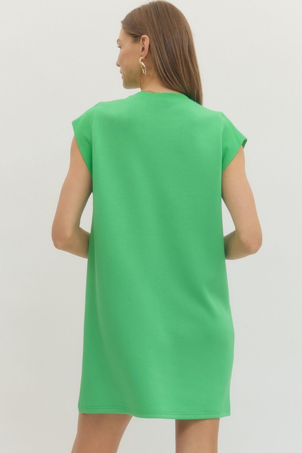 Solid Green Cap Sleeve Ribbed Crew Mini Dress