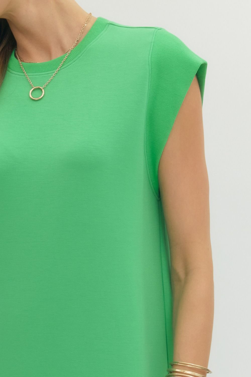 Solid Green Cap Sleeve Ribbed Crew Mini Dress