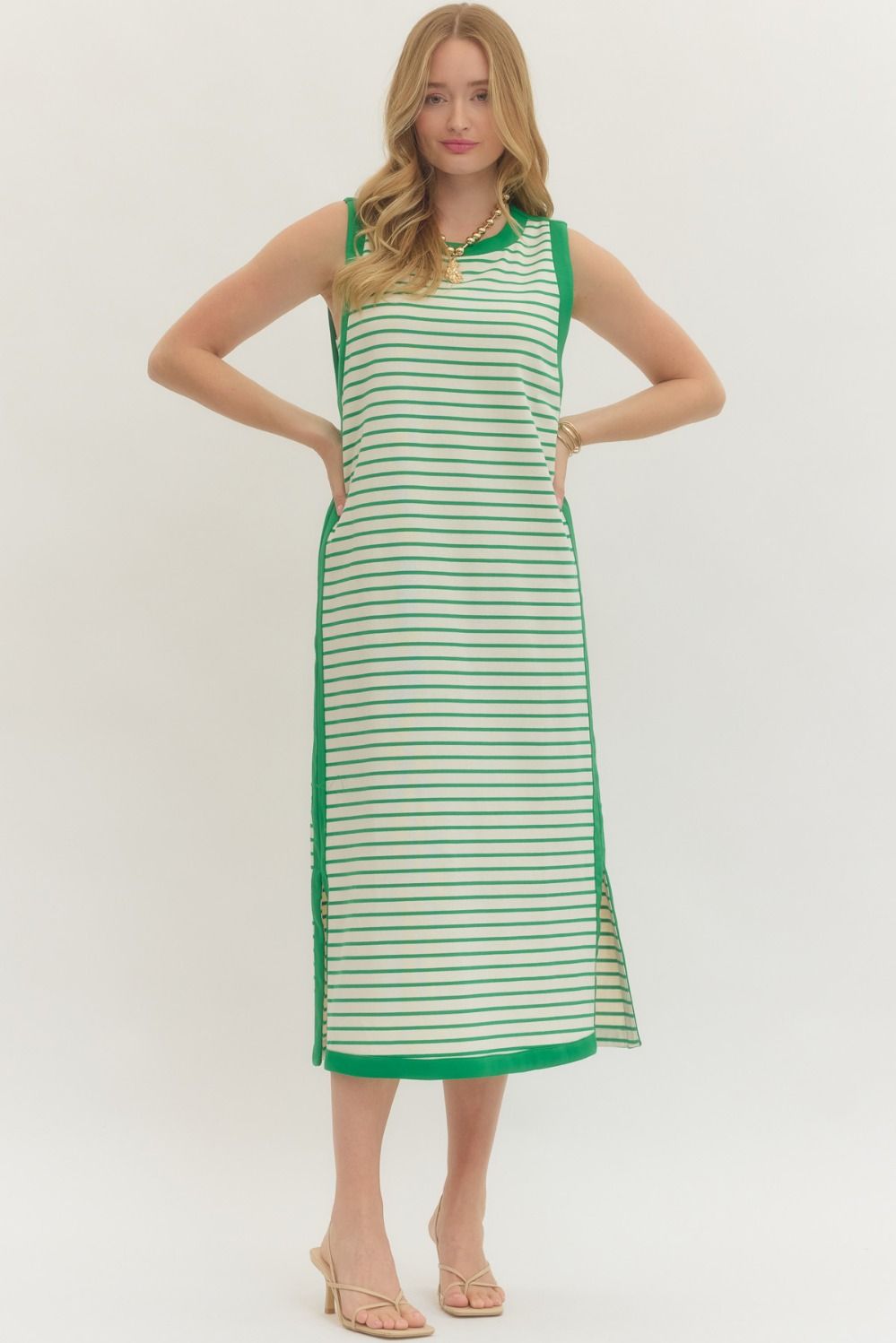 Green Striped Sleeveless Contrast Midi Dress