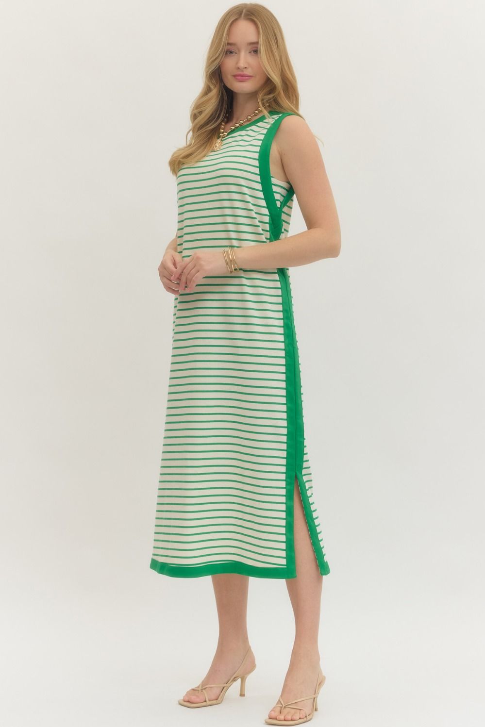 Green Striped Sleeveless Contrast Midi Dress