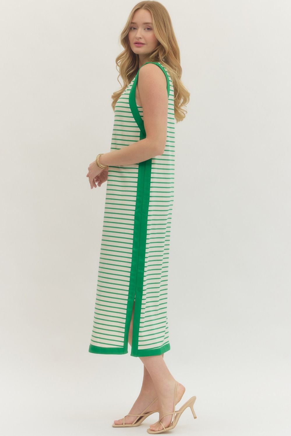 Green Striped Sleeveless Contrast Midi Dress